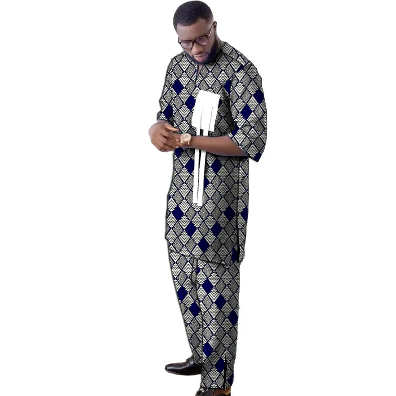 African Style Print V-neck Men’s Set Innovative Design Shirt Patch Elastic Waist Pants Tailored Traditional Party Wear