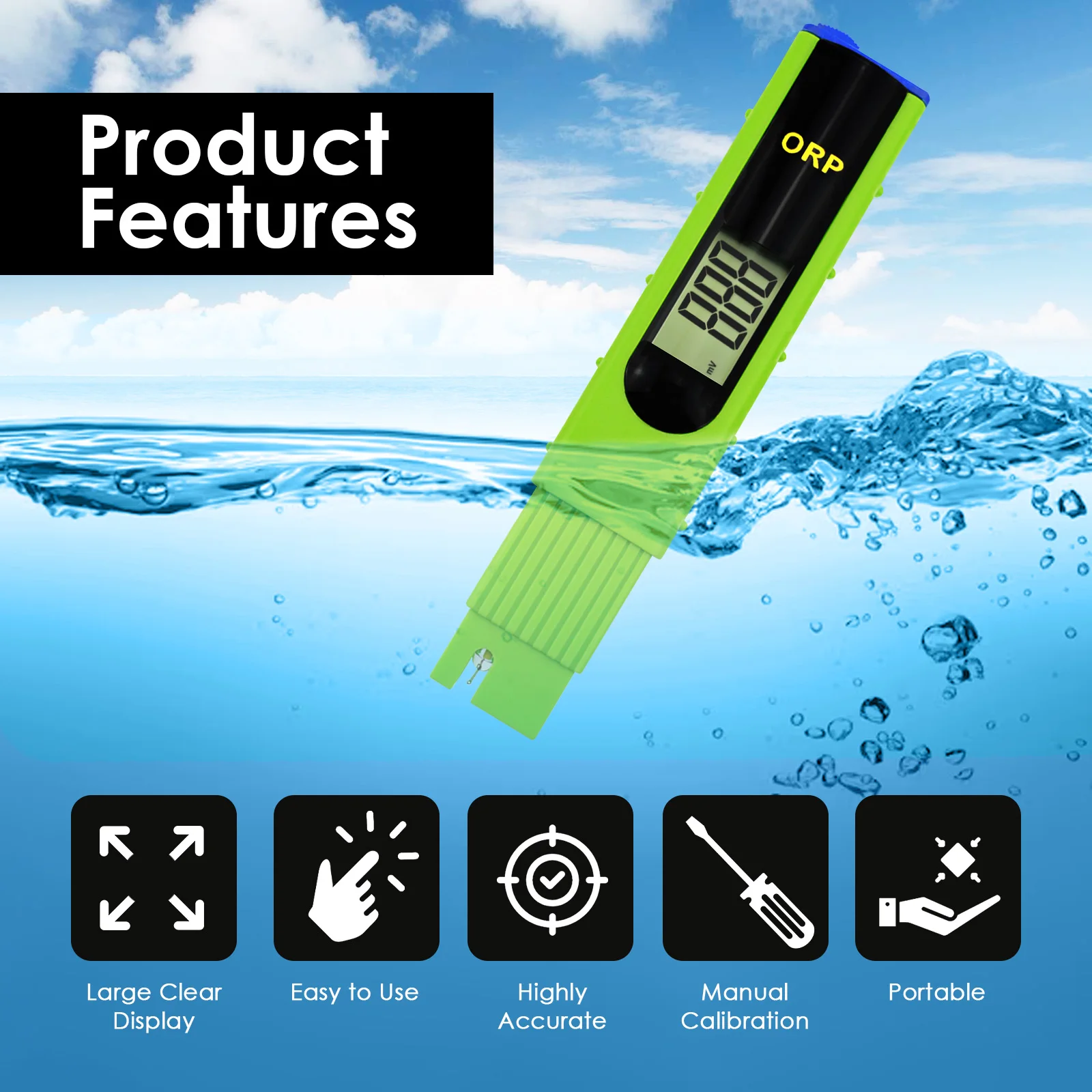 Instant Water Purity Tester Digital ORP Meter -1999 ~ ± 1999 mV Manual Calibration for Health, Aquariums & Pools
