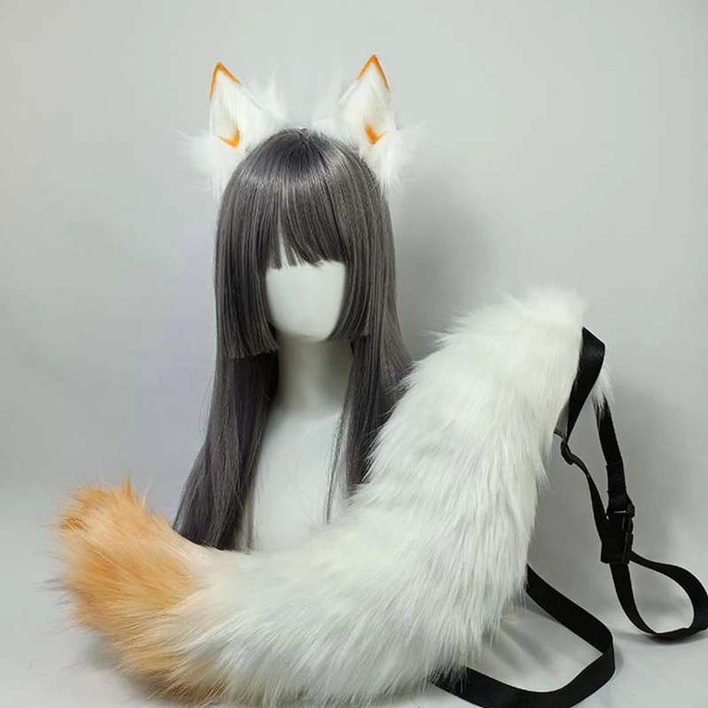 Accessoires de Cosplay japonais Anime chat loup, accessoires de couleur contrastée oreilles en peluche, Bandana cerceau de cheveux, Costume d'halloween à longue queue d'animal