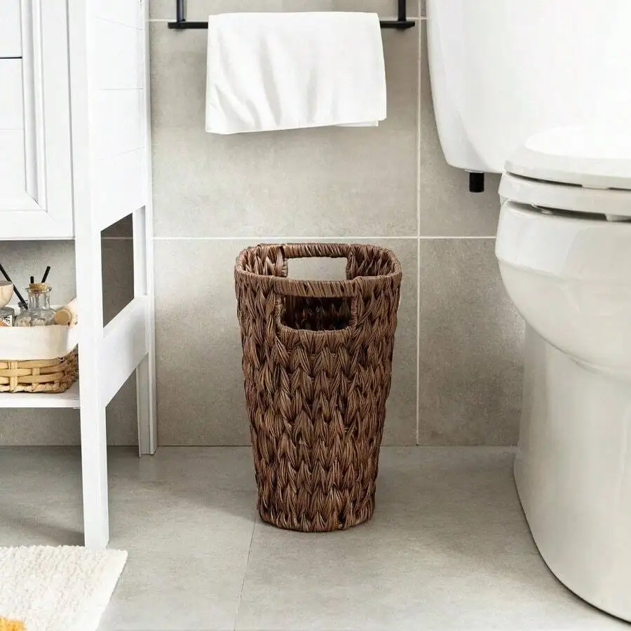 

Woven Rattan Trash Can For Bathroom Kitchen Office Hands Free Open Top Brown