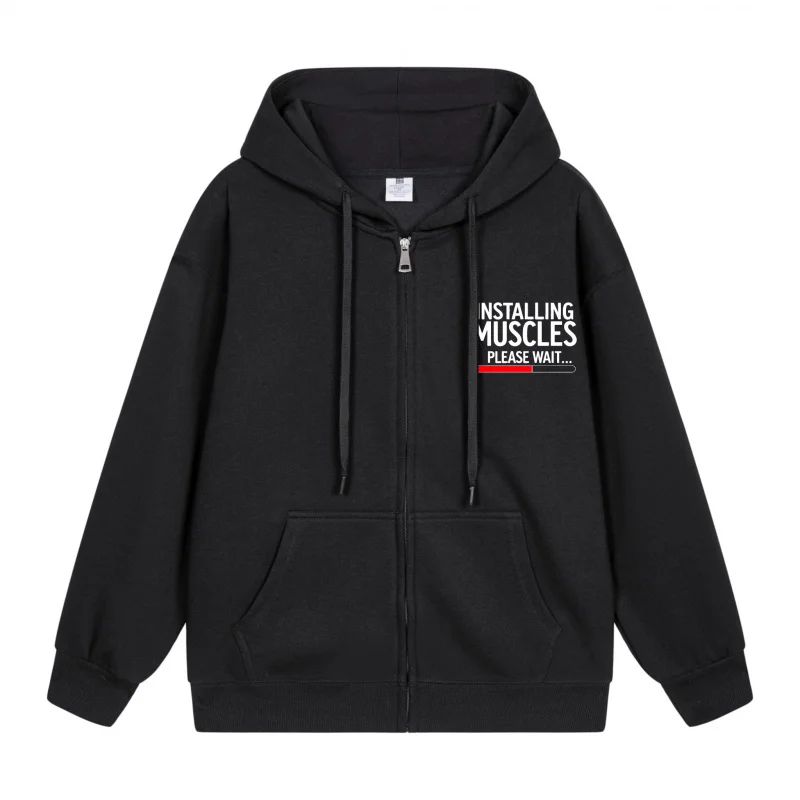 

Men's Zip-Up Hoodie Installing Muscles Please Wait 2025 New Style Casual Couples’ Style Casual and Loose