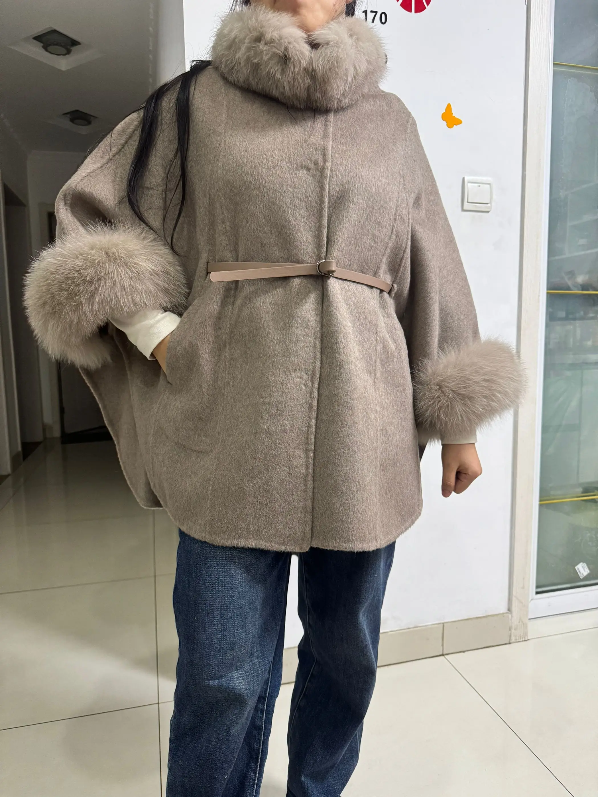 หรูหราสองด้าน CASHMERE Poncho Blend ผู้หญิงฤดูใบไม้ร่วงฤดูหนาวใหม่เสื้อคลุมยาวขนสุนัขจิ้งจอกจริง COLLAR เสื้อขนสัตว์