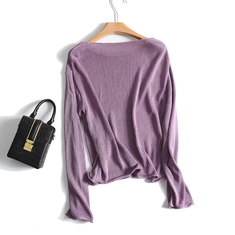 YENKYE New  Women Purple Long Sleeve O Neck Knit Sweater Casual Autumn Pullover Jumper