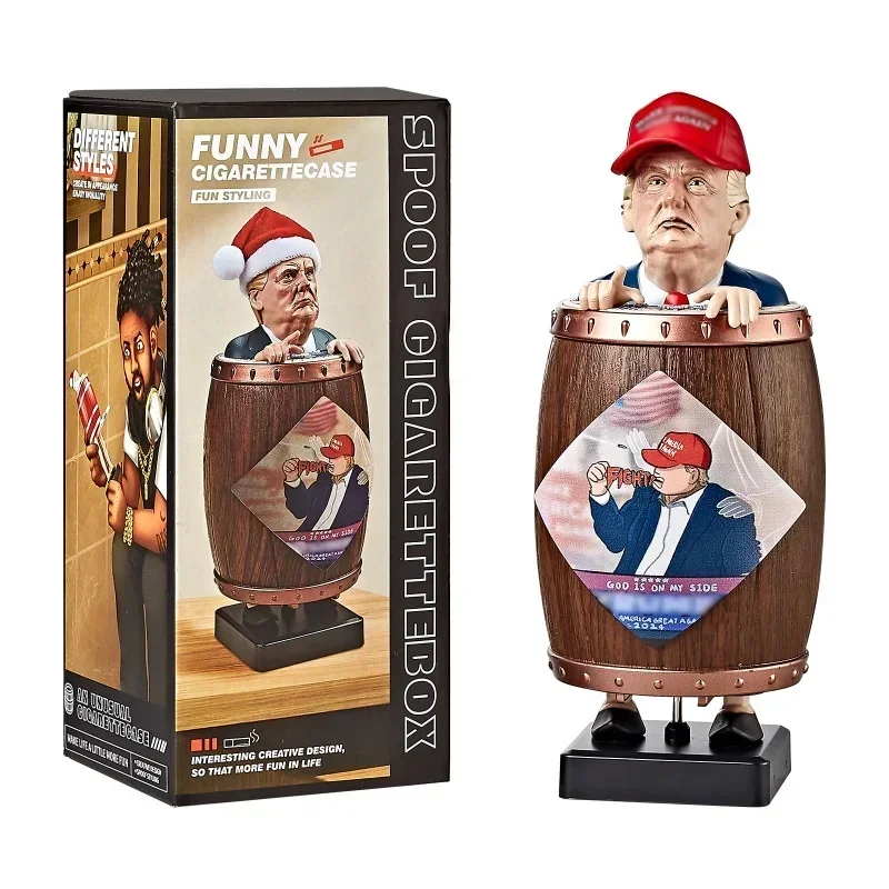 Funny Trump Cigarette Dispenser Creative Spoof Cigarette Holder Box Santa Claus in The Wooden Barrel Cigarette Box Statue Gift