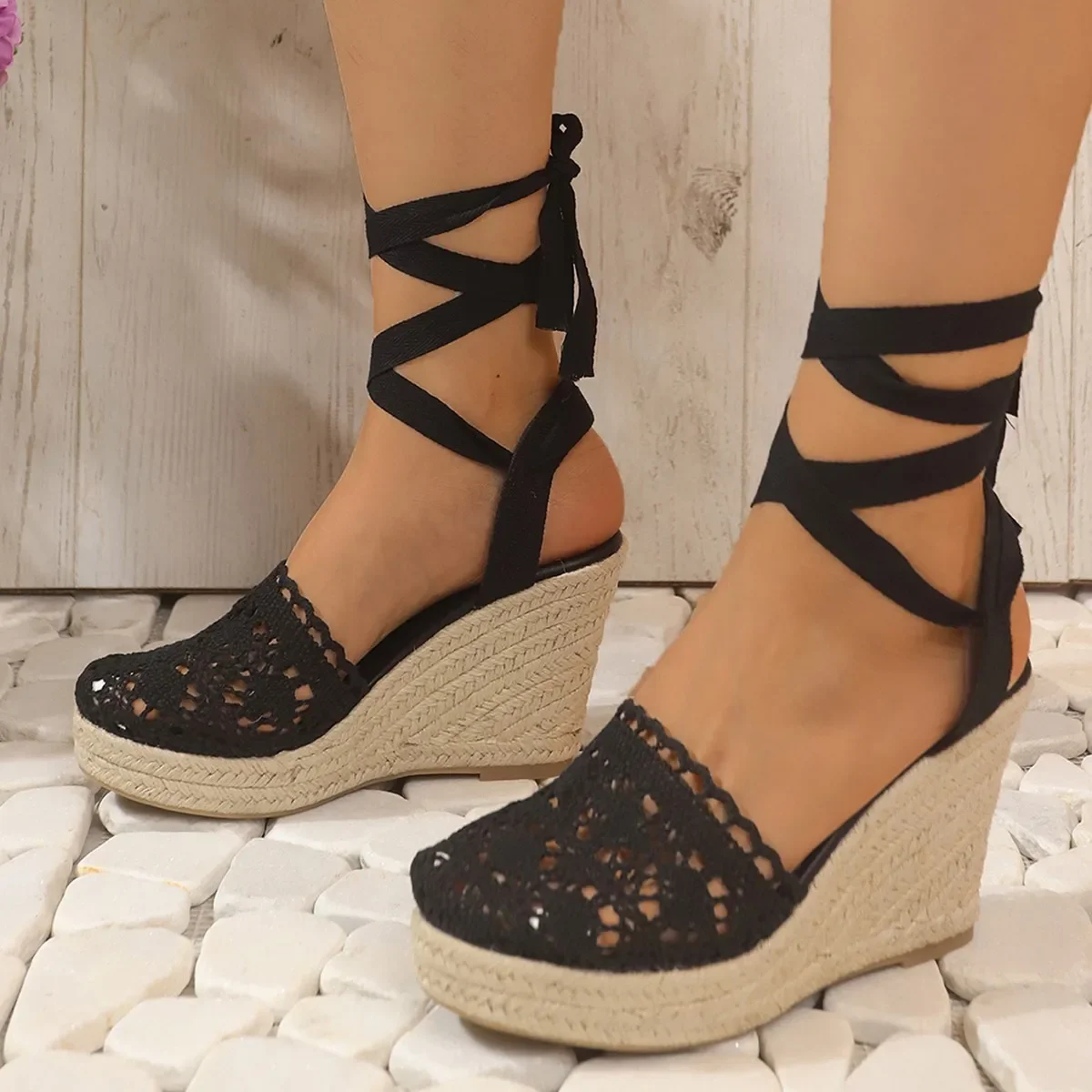 Grass Woven Slope Heel High Heel Lace Sandals Ankle Strap 2024 New Simple and Fashionable Linen Woven Cross Strap