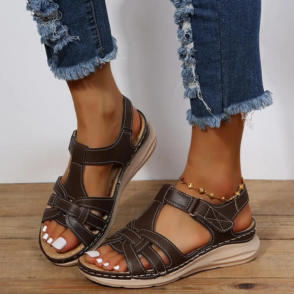 Versatile Women Sandals Women Solid Color Sandals Women’s Athletic Sandals with Arch Support Faux Leather Outdoor Wedge