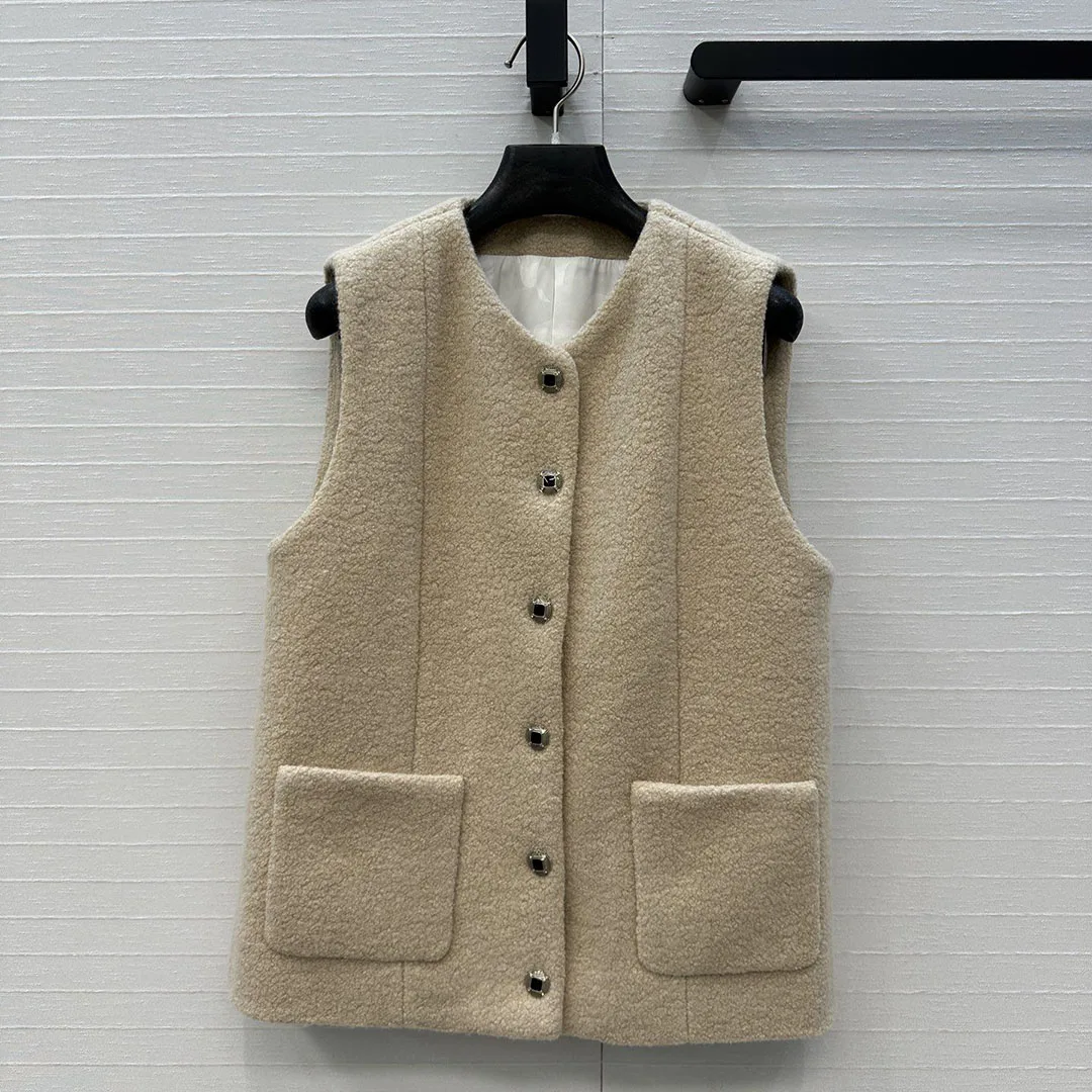 

New Winter Fashion Cute 100% Alpaca Wool Vest Jacket Women O-neck Sleeveless Diamonds Single Breasted Casual Warm Tank Coat