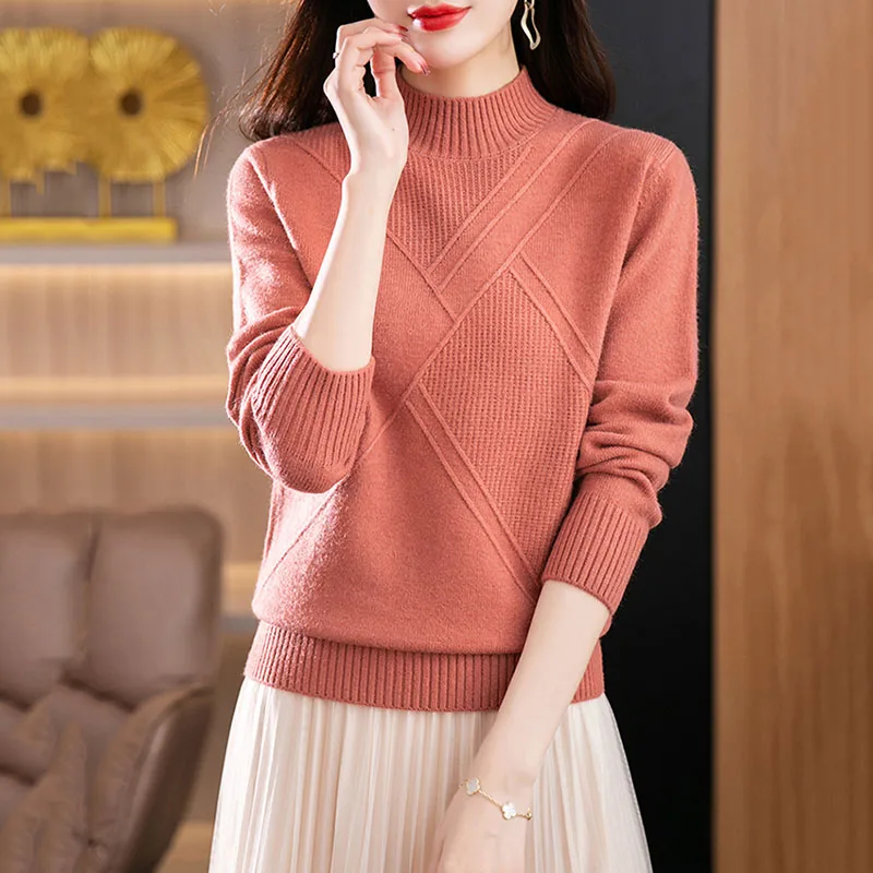 

Women Sweater Pullover 2024 New Autumn Winter Half High Collar Loose Short Casual Knitted Sweater Bottom Shirt Female Jumper Top