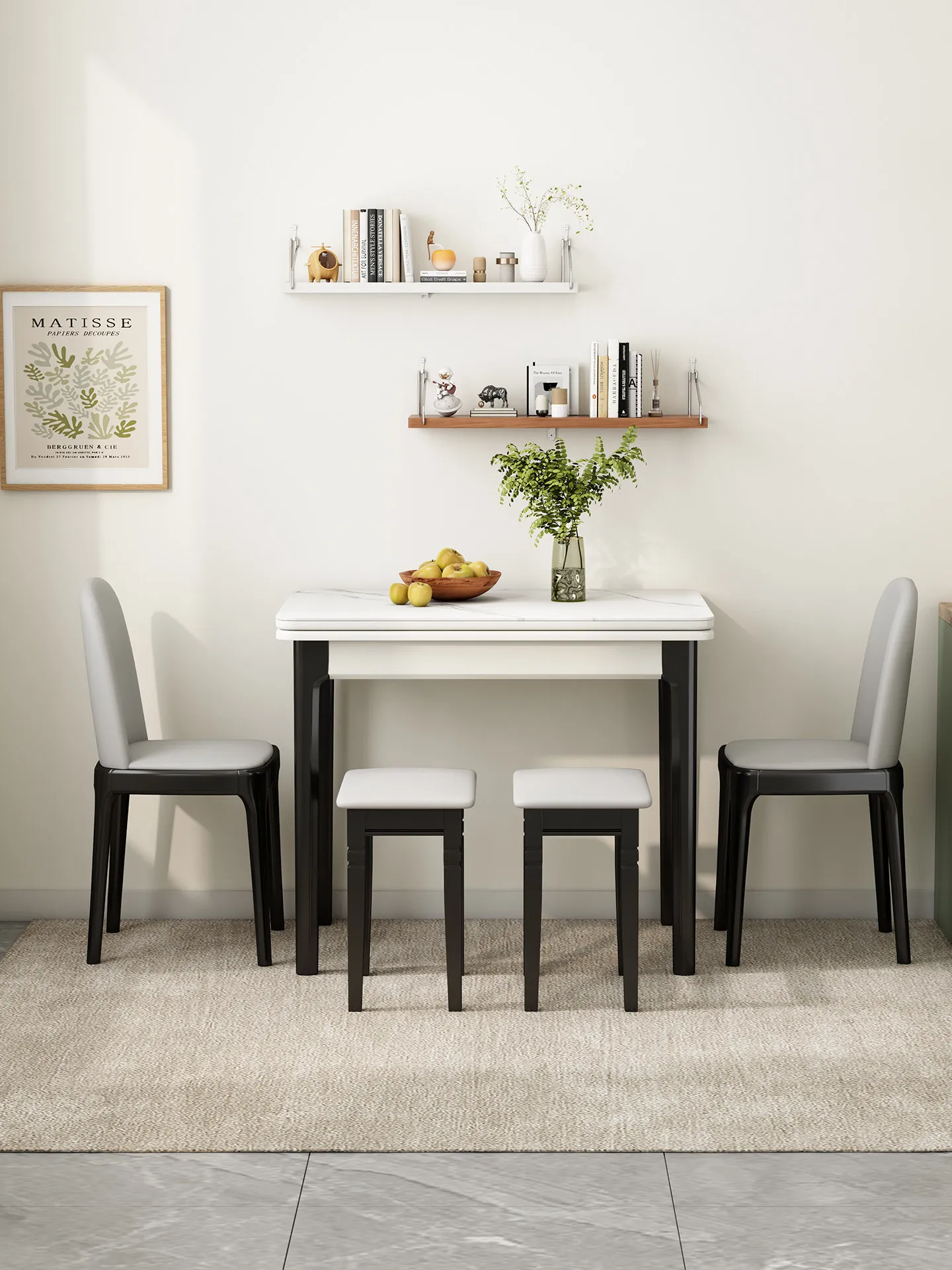 For Solid wood rock slab folding dining table dining chair combination space saving small apartment modern simple household