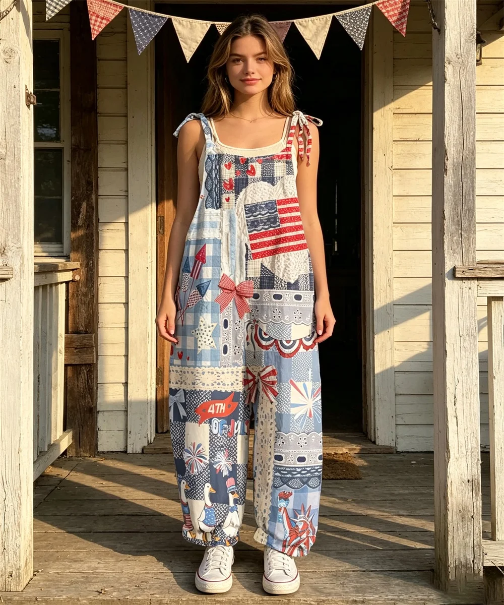 Women's new retro checkered patchwork printed women's comfortable jumpsuit, off shoulder sleeveless loose jumpsuit