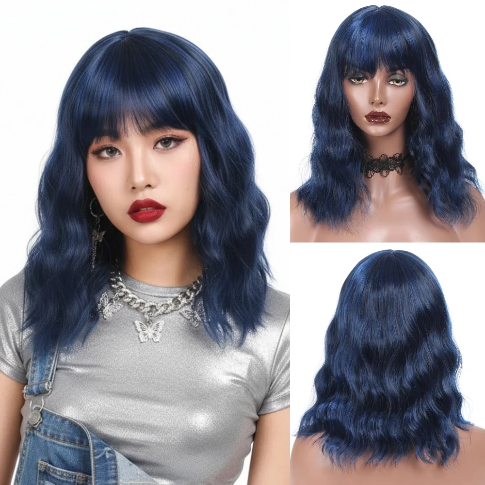 

Women's Heat Resistant Short Wavy Blue Wig Synthetic Lolita Style With Bang for Cosplay Party Daily Wear