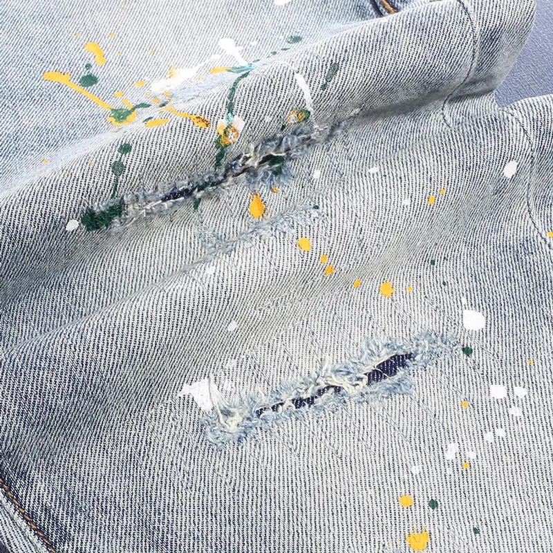 High Street Fashion Men Jeans Retro Light Blue Elastic Slim Fit Ripped Jeans Men Painted Designer Hip Hop Denim Pants Hombre