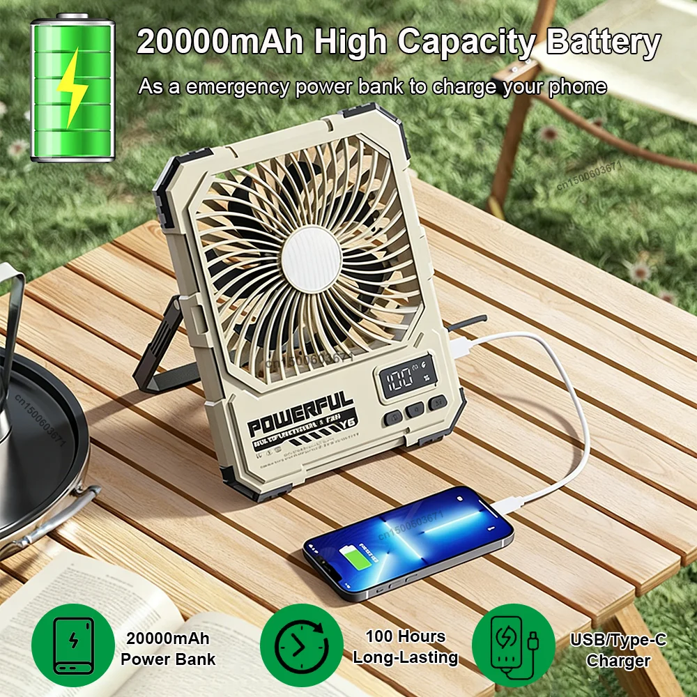 20000mAh Camping Fan Portable Ceiling Fans Foldable Desk Fan Tent Air Circulator Cooler Rechargeable Electric Fan with LED Light image 5