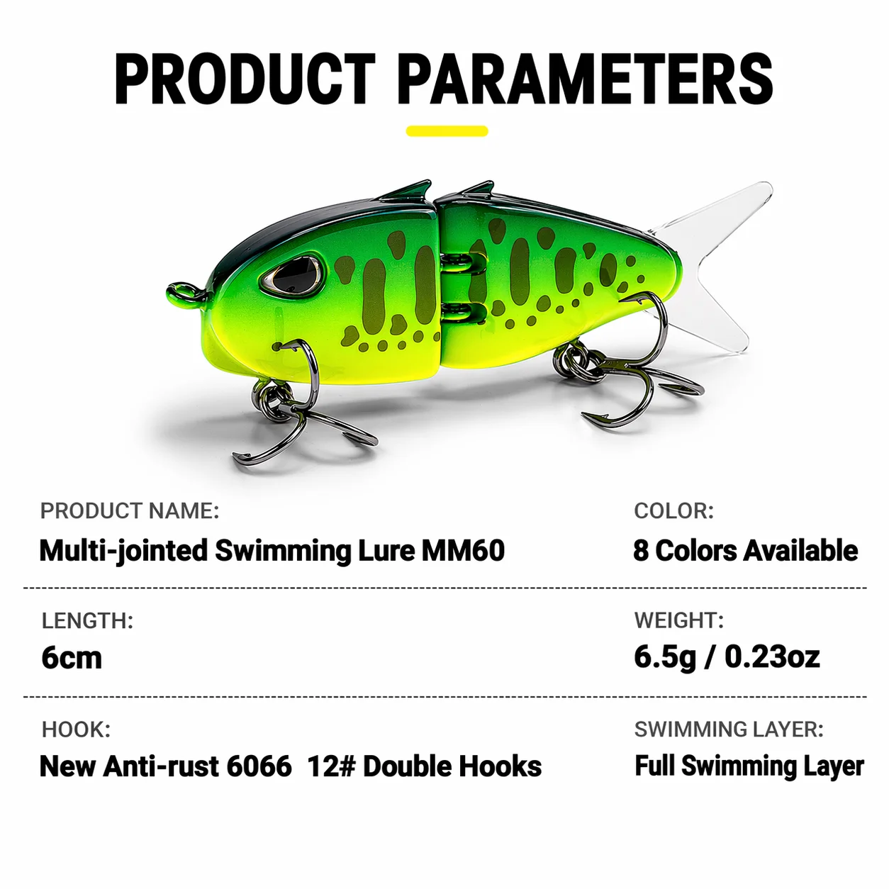 Mehrteiliger Swimbait 2-Segment Harter Köder, MM60, Crankbait mit Dreifachhaken Sinkender Minnow für Barsch, Hecht, Süß- und Salzwasser