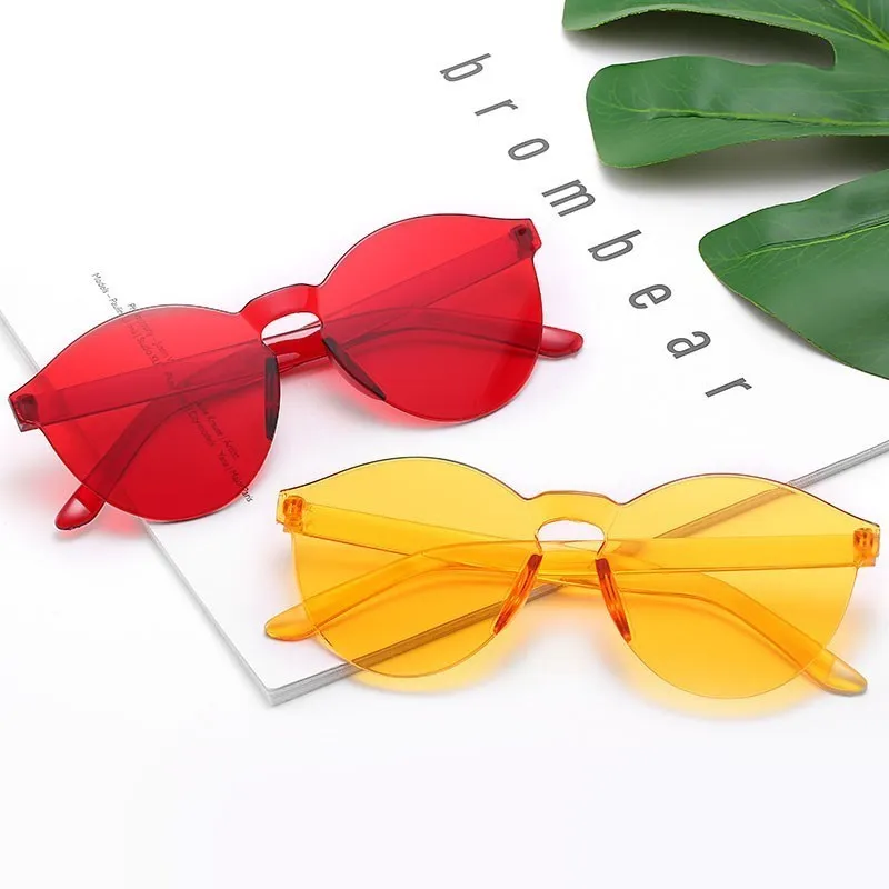 Gafas de sol sin montura para hombre y mujer, lentes transparentes de alta calidad, redondas, Vintage, rojo, amarillo y marrón, envío directo