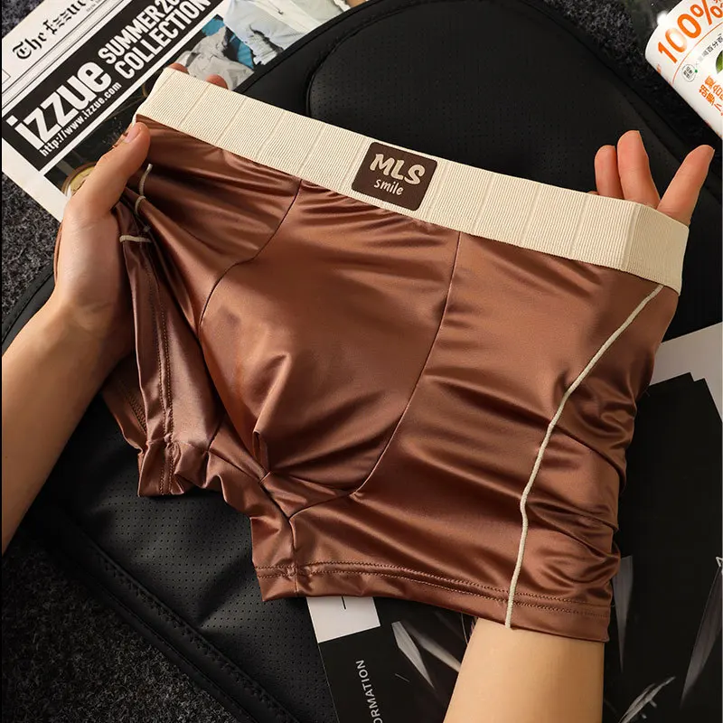 Ropa interior suave de seda de hielo de lujo para hombre, calzoncillos Boxer sexis transpirables tipo satén, calzoncillos con bolsa para bulto en U, bragas de secado rápido