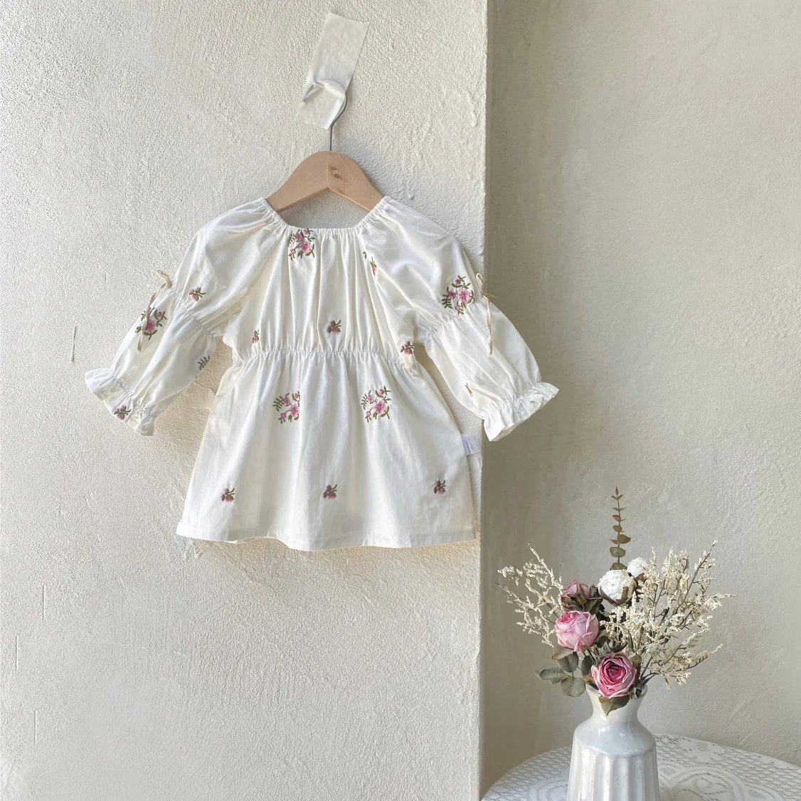 2024 Autumn New Baby Girl Lantern Sleeve Floral Dress Girls Flower Embroidery Princess Dress Cotton Infant Toddler Long Dress