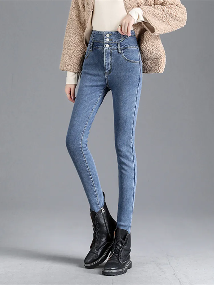 Thermal Winter Thick Fleece High-waist Warm Skinny Jeans Thick Women Stretch Button Pencil Pants Mom Casual Velvet Jeans