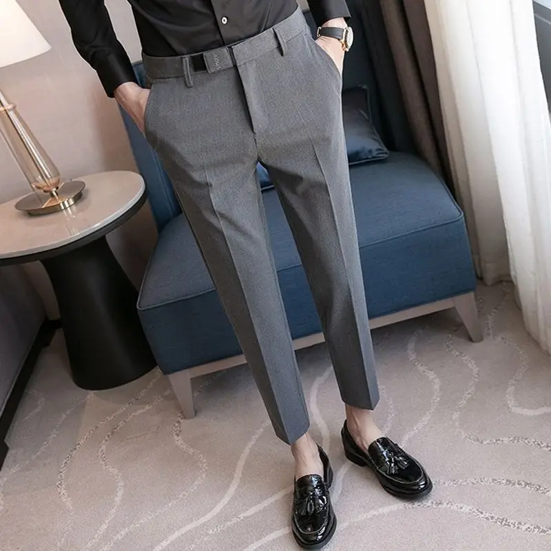 

Grey Suit Pants for Men High Quality Office Business Casual Trousers Ankle-length Dress Pants Straight Korean Slim Fit Black