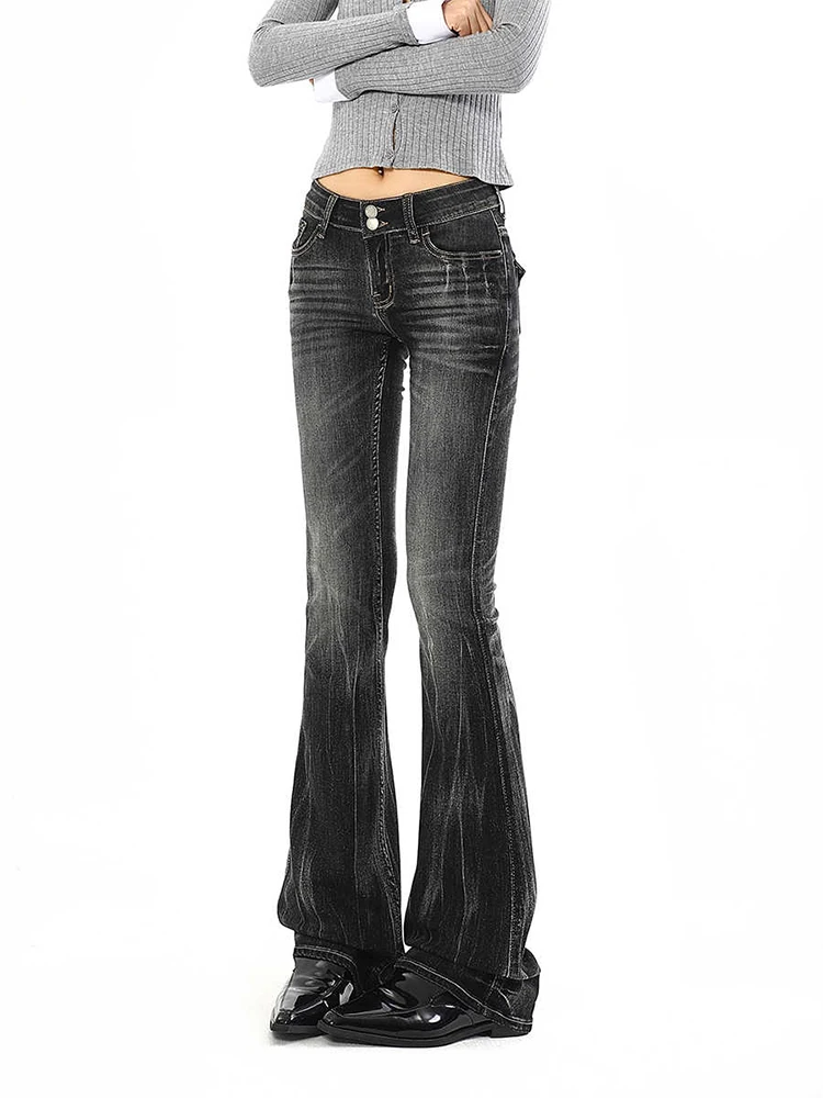 2025 Autumn Winter Women Low Rise Flare Denim Pants American Black Jeans Y2k Japanese Harajuku Gyaru Bell Bottom Bootcut Jeans