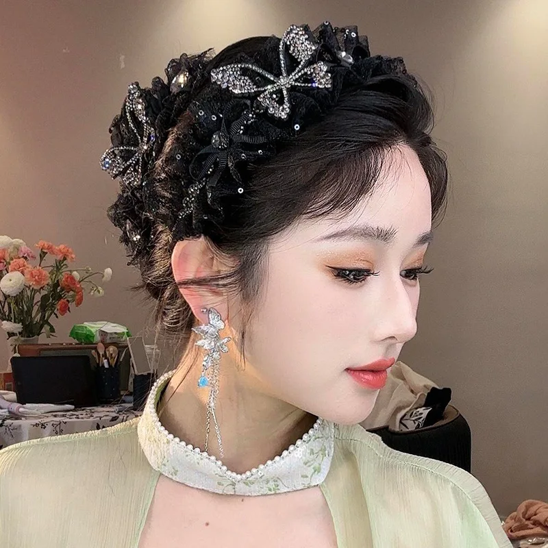 1/4Pcs New Elegant Lace Rhinestone Headbands for Women Vintage Black Flower Butterfly Hairband Girls Hair Hoop Hair Accessories