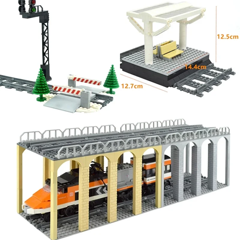 DIY Bricks MOC Building Blocks City Trains Bridge with Tracks Railway Traffic Light Sign Block Lever Station Educational Parts