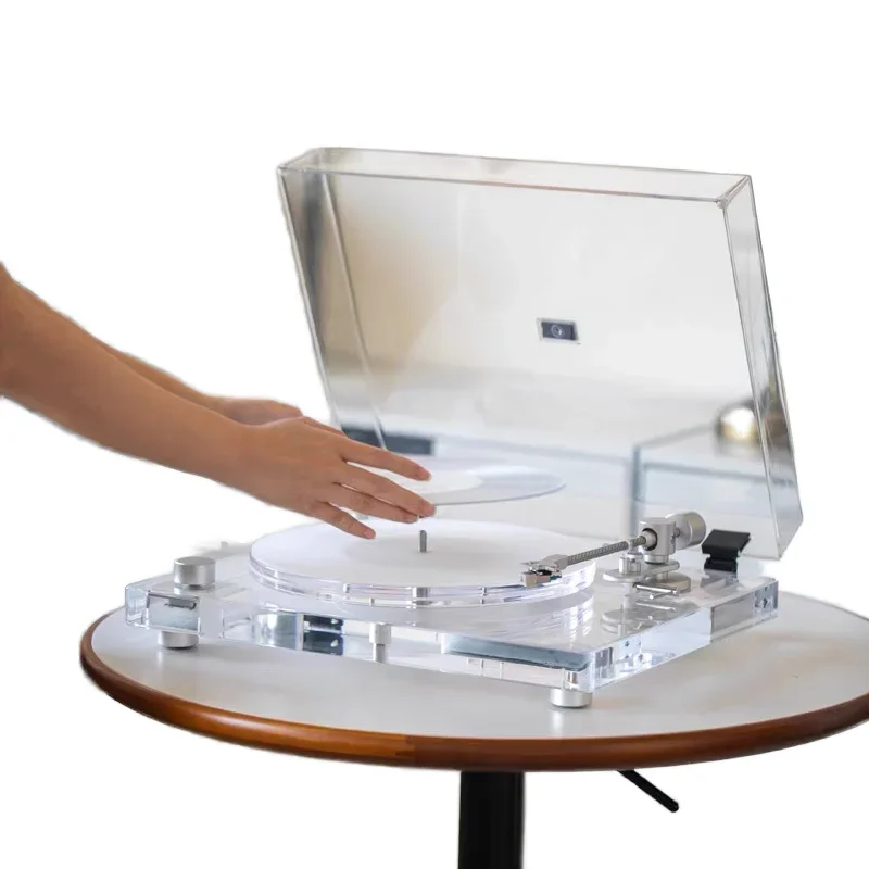 X10New Arrival Clear Acrylic Body Turntable, Moving Cartridge, Adjustable Pressure Tonearm Support, BT RCA Optical Audio Output
