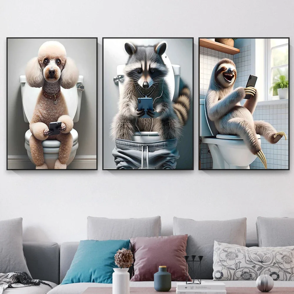 Funny Animal Poster Poodle On The Toilet Print Sloth Raccoon With Cell Phone Canvas Painting Bathroom Room Wall Art Decoration