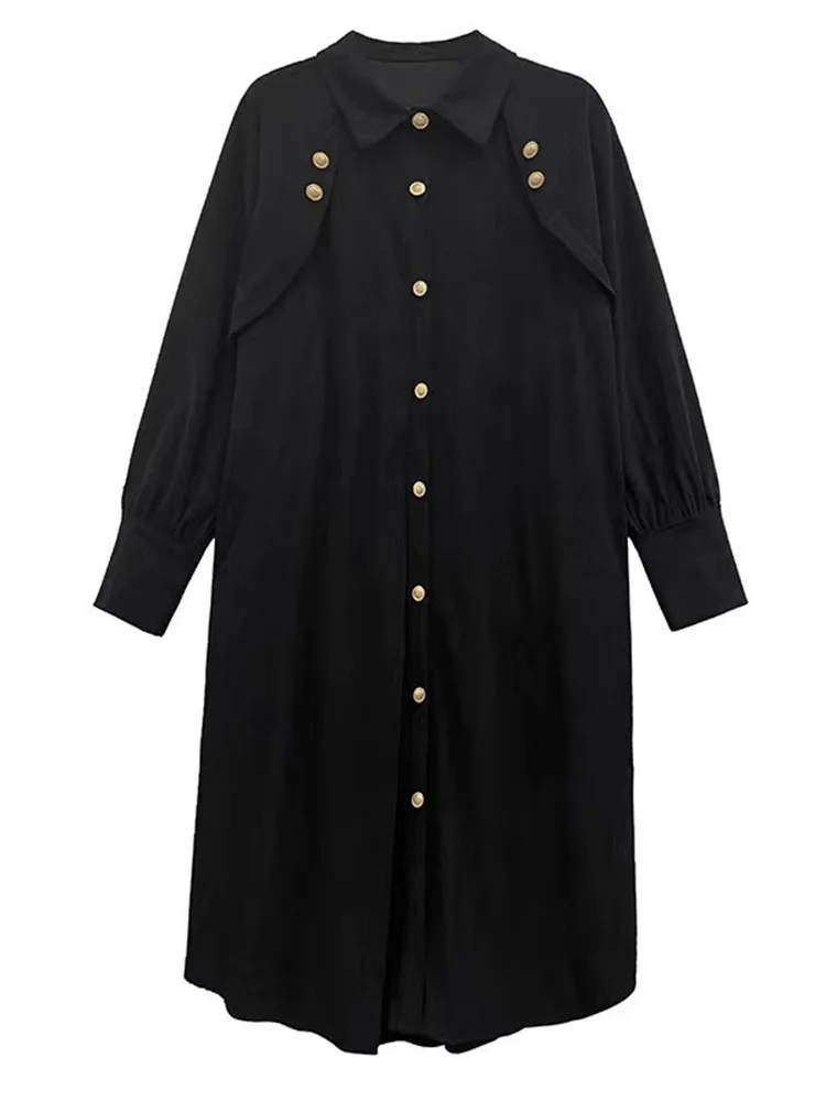[EAM] Women Black Corduroy Big Size Midi Shirt Vintage Dress New Lapel Long Sleeve Fashion Tide Spring Autumn 2024 1DH4801