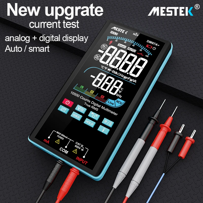 Mestek Professional Digital Multimeter Smart Auto Range AC DC Voltage Current Ohm Hz 9999 Counts Large Screen True RMS Temp Test