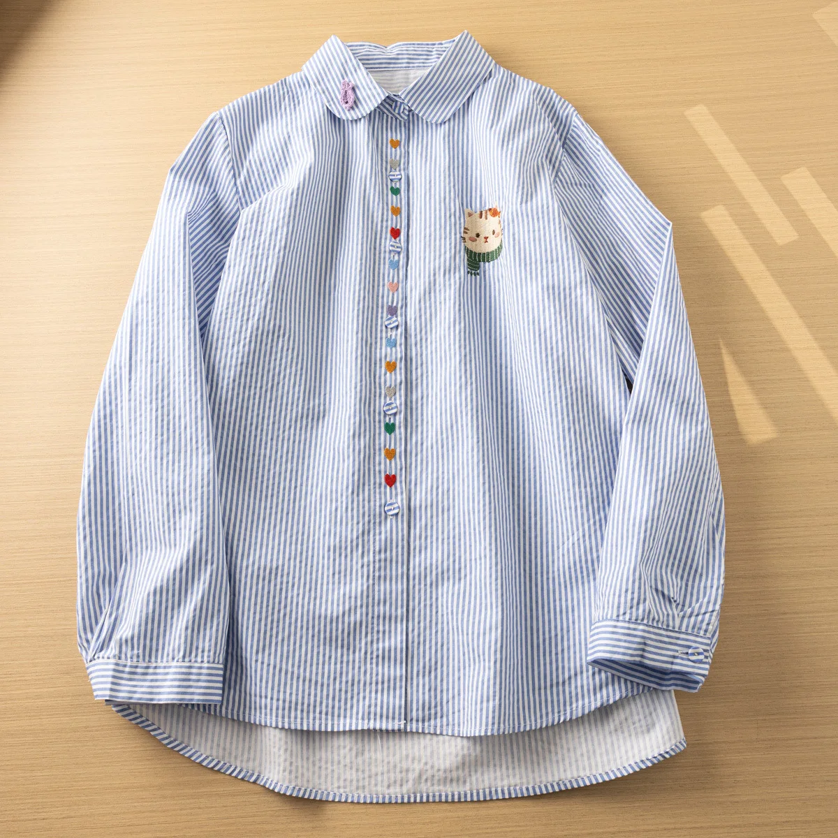 New Spring Cotton Long Sleeve Shirt, Women Lapel Cat Embroidery Striped Top, Mori Girl Preppy Style Loose Blouse, 2025 T4D915CC