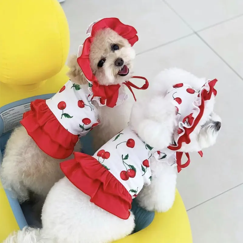 Spring/Summer Dog Cute Cherry Swimwear Dress Summer Thin Breathable Cat Pet Dog Clothing Dog Vest Dog Shirt Puppy Clothes