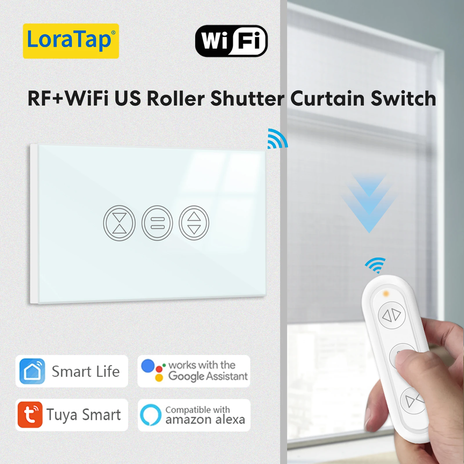 LoraTap Tuya Smart Life RF+Wi-Fi US Curtain Touch Panel Switch Remote Control Timer Voice Control by Google Home Alexa