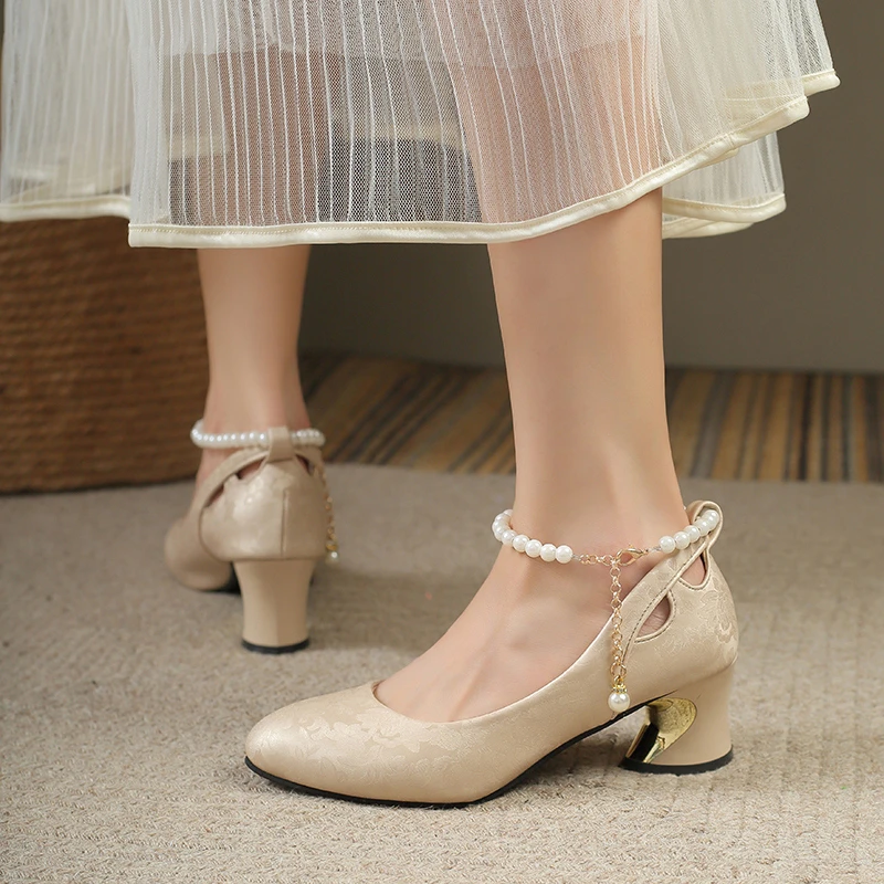 2025 جديد القوس اللؤلؤ ماري جين منصة لوليتا الكعوب للنساء أحذية الزفاف مكتنزة مقاوم للماء منتصف كعب حذا فردي للسيدات #4