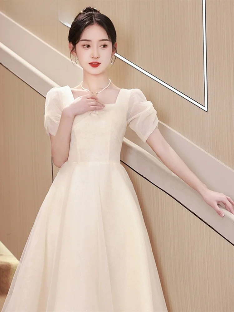 

Champagne Colored Dress Maid of Gown Women's Elegant Short Size Dresses Birthday Party Frock a Line Skirt