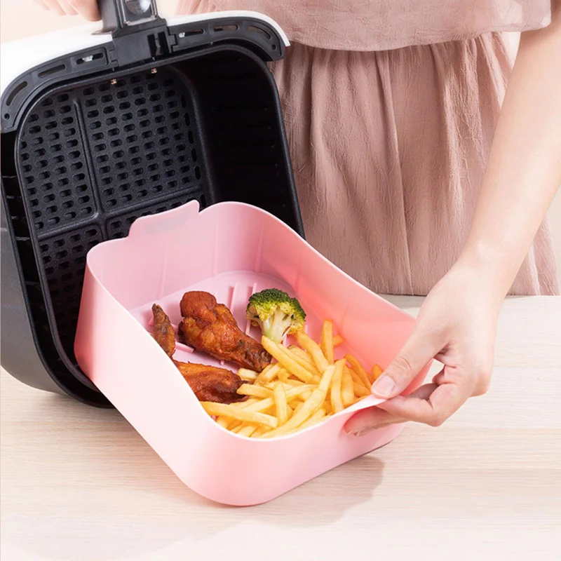 Silicone Air Fryer Pot Tray BBQ Barbecue Pad Plate Airfryer Oven Baking Mold Pot Food Safe Reusable Square Air Fryer Pan 21cm