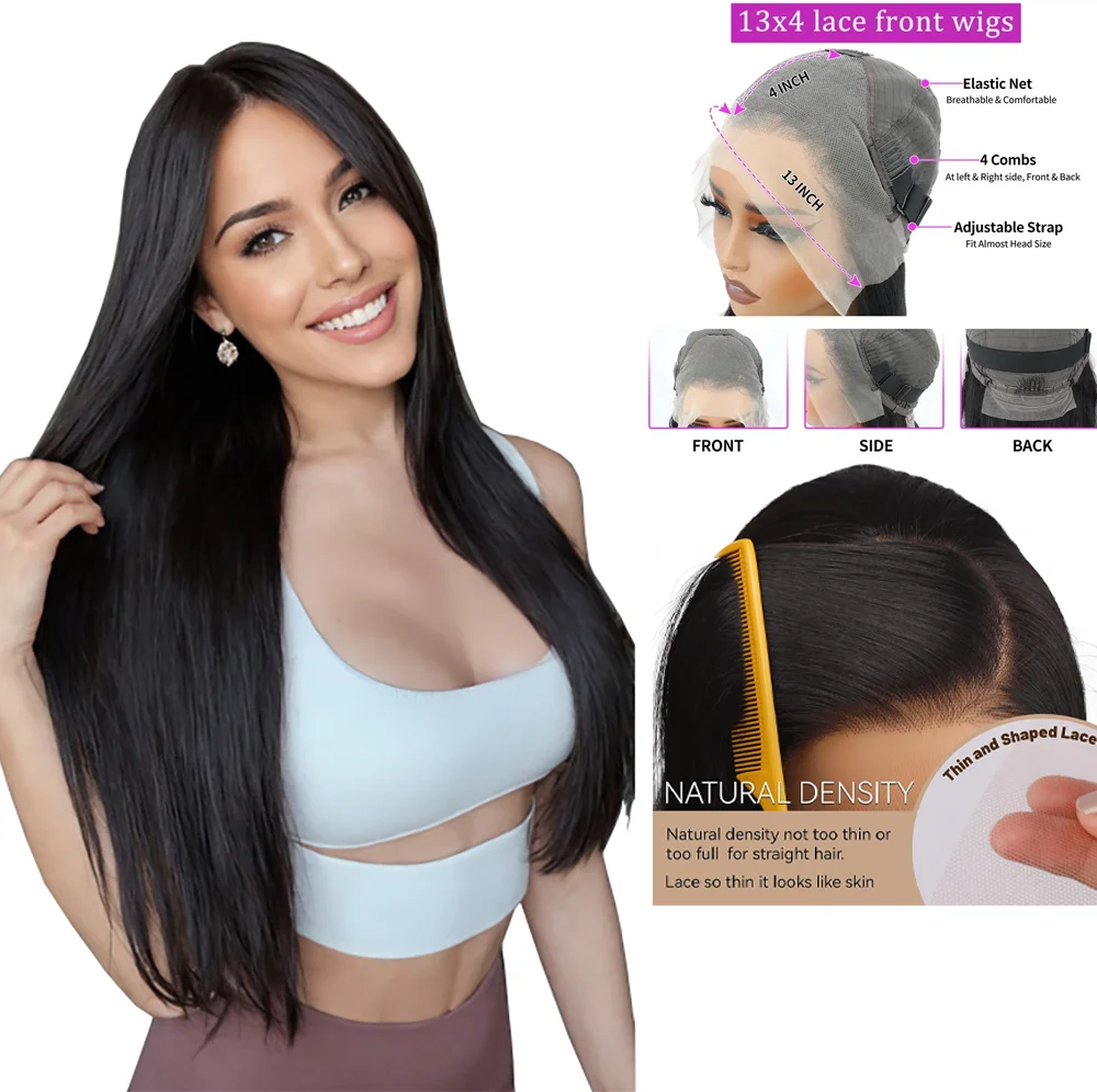 

18-26 дюймов, черные прямые волосы, 13 × 4, синтетические волосы на шнуровке спереди, подходят для женской повседневной вечеринки, Хэллоуина, связанные вручную парики