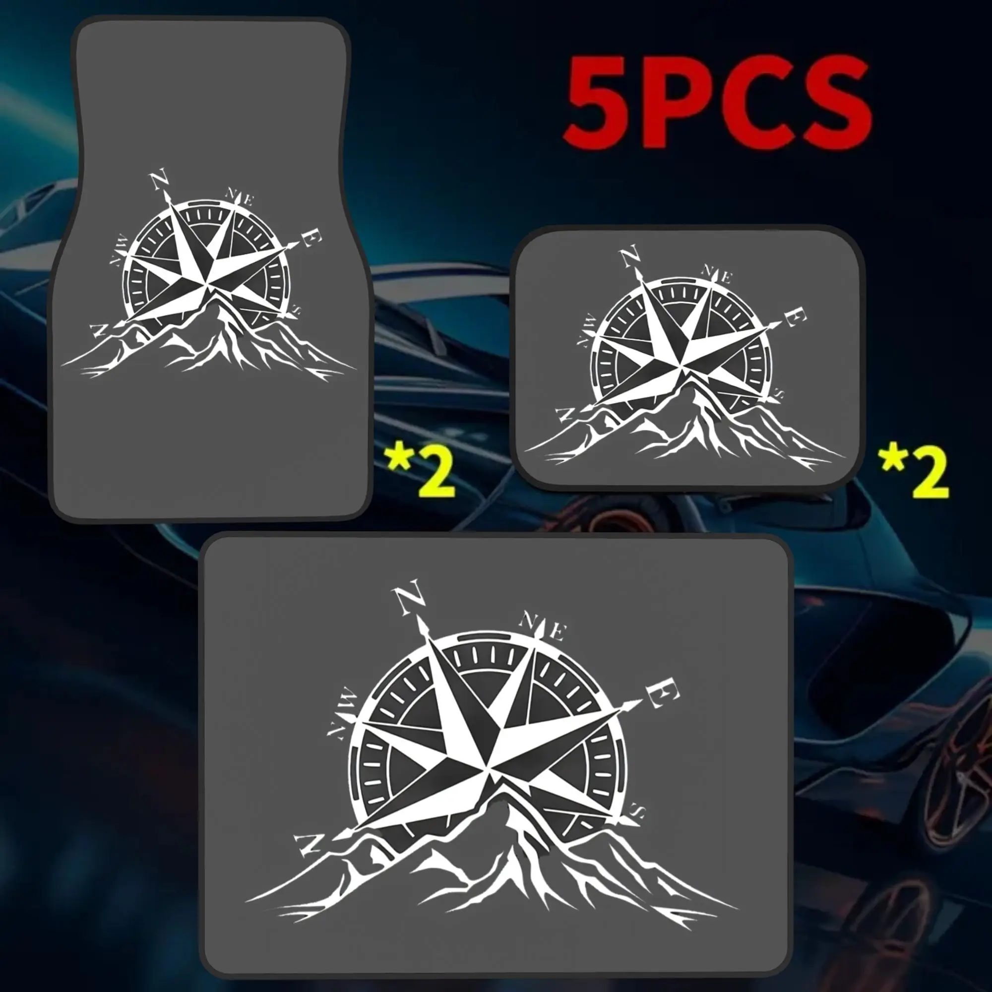 5pcs 2D Printed Adventure Theme Print Car Floor Mats & Trunk Mat Set, 4 Floor Mats + 1 Trunk Liner, Enhance Vehicle Comfort, Hal