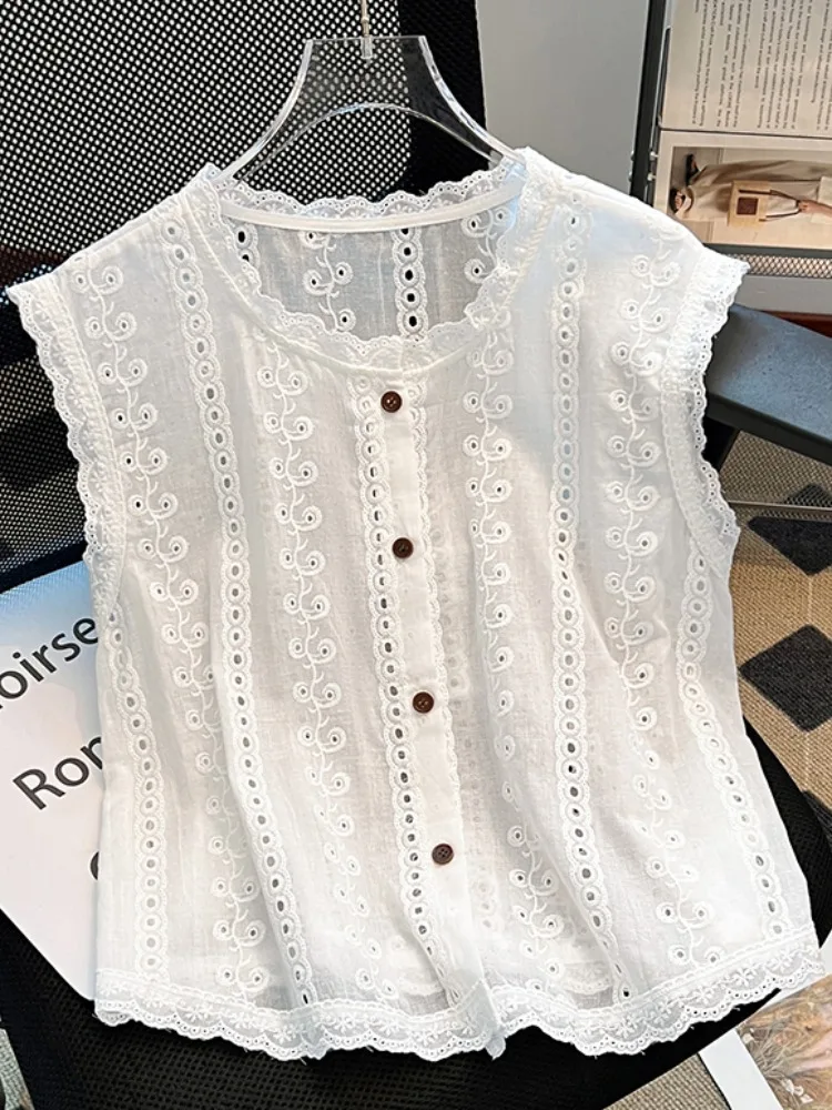 

Embroidered Lace Hollow out Svel Vest irt Women Summer Outerwear Advanced Top Self-Reserve Sle Korean Loose Fit