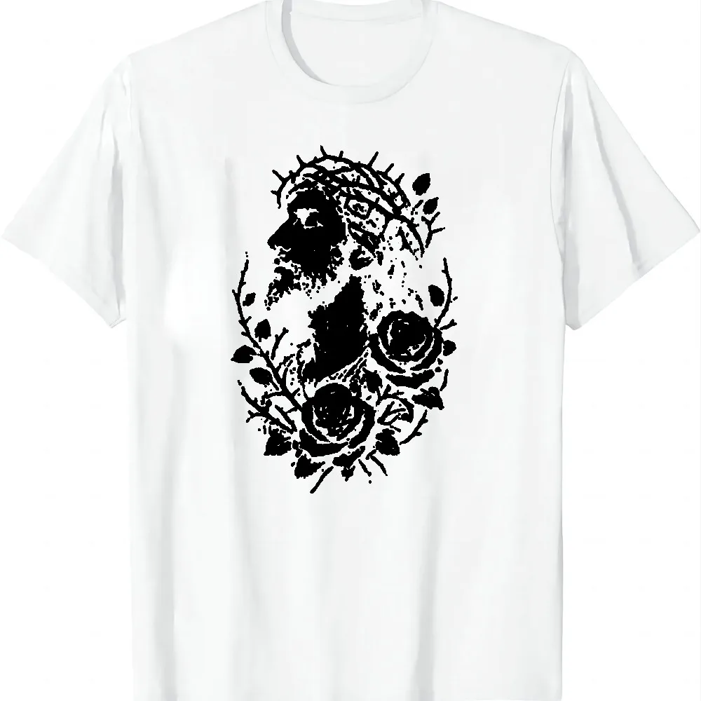 Jesus Rose, Vintage Halftone Dot, Christian Faith T-Shirt Graphic T Shirt Casual Top Men Women Unisex Vintage Retro Streetwear