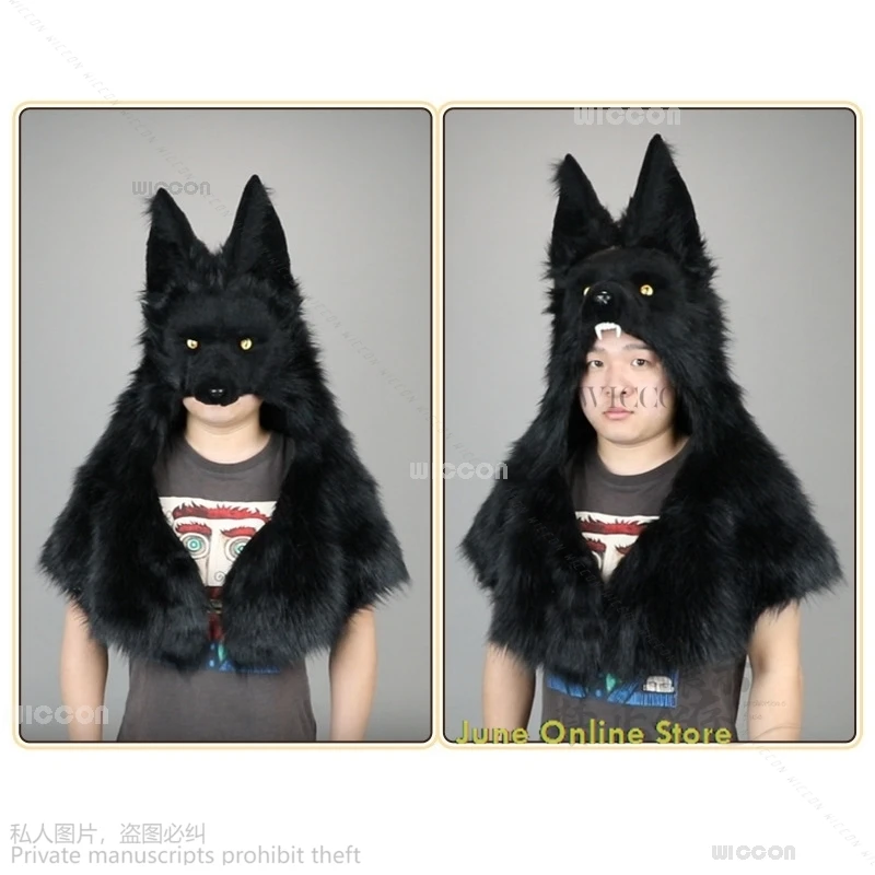 

Anime Viking Style Simulated Black Wolf Head Plush Hat Cosplay Fashionable Luxury Man Hat Men Roleplay Game Furry Cos Halloween