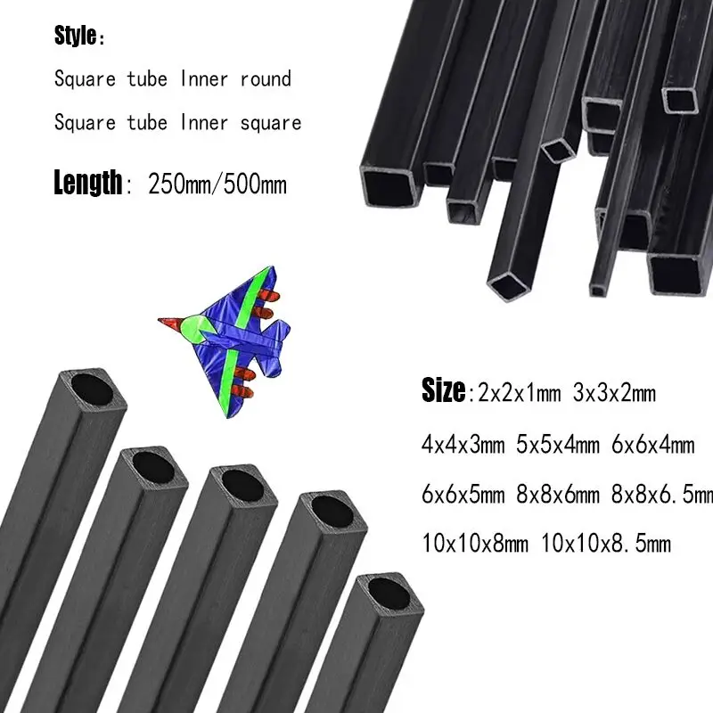 

1/2/3pcs Carbon Fiber Square Tubing 2/3/4/5/6/8/10mm x 250/500mm, Round & Square Interior, for Drone & Model Making