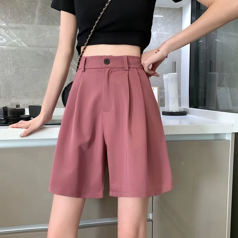 

Summer Women's Shorts Beautiful Loose Wide-leg Short Pants High Waist Female Pockets Casual Solid Color Button Shorts for Women