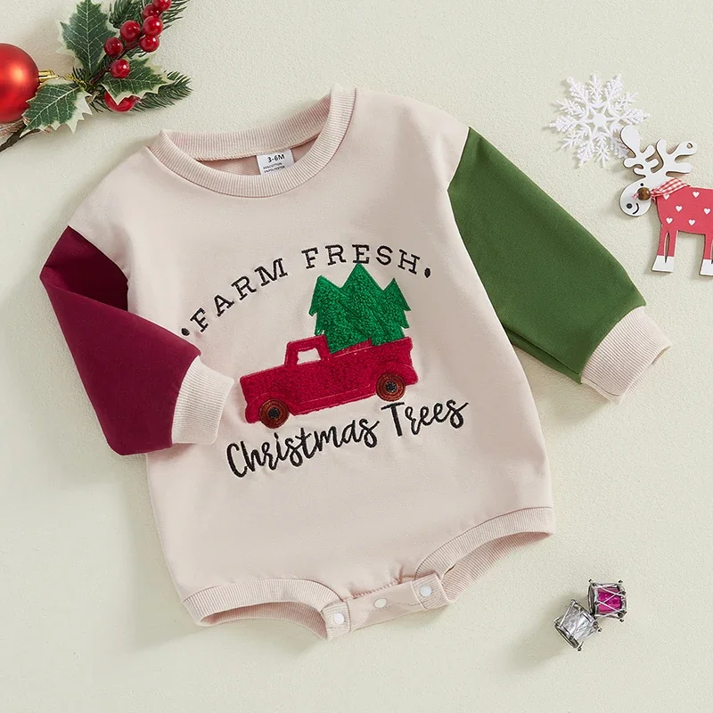 Christmas Newborn Baby Boys Girls Rompers Clothes 0-18M Long Sleeve Crewneck Xmas Tree Truck Embroidery Sweatshirts Jumpsuits