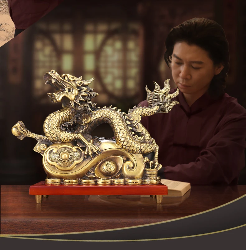 Large Bring in wealth treasure HOME Store business Money Drawing Mascot good luck Fortune golden dragon FENG SHUI Brass statue A