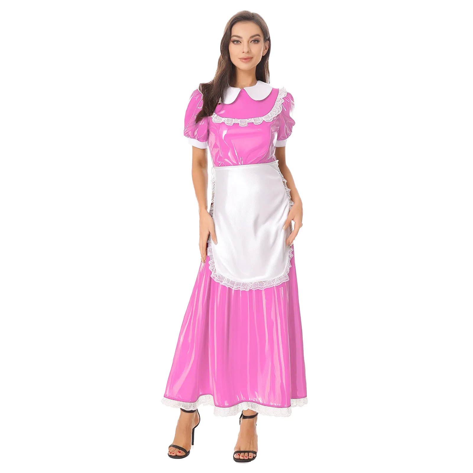 

Women's Maid Servant Cosplay Dress with Apron Satin Lace Trim Wet Look PU Maxi Dress for Halloween Party Maid Role Play Dress