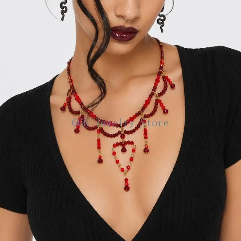 F2TD Dark Red Statement Necklace with Multiple Beaded Drapes, Heart-Shaped Center Drop and Teardrop Details for Everyday Outfit