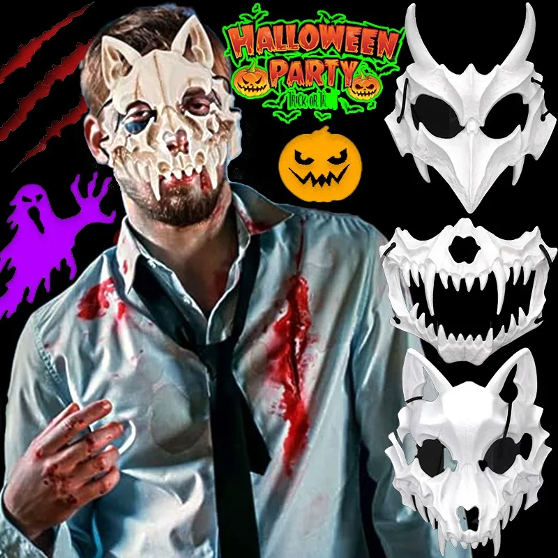 Halloween Horror Devil Mask Tiger Human Skeleton Werewolf Cool Prank Masks Halloween Party White Paintable Face Shield Props