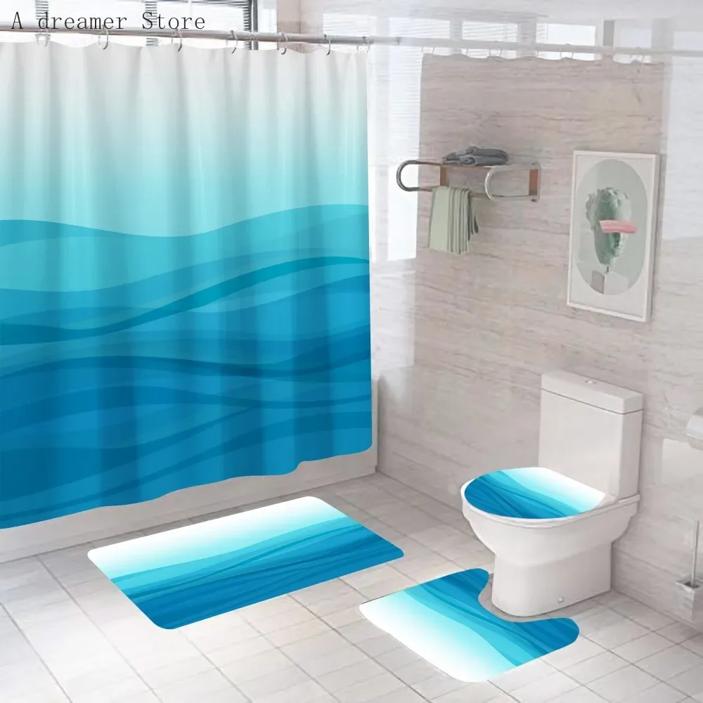 Modern Blue Gradient Stripes Shower Curtain Decor Waterproof Polyester Bath Curtains for Bathroom Mats Rugs Bathtub Home Decor