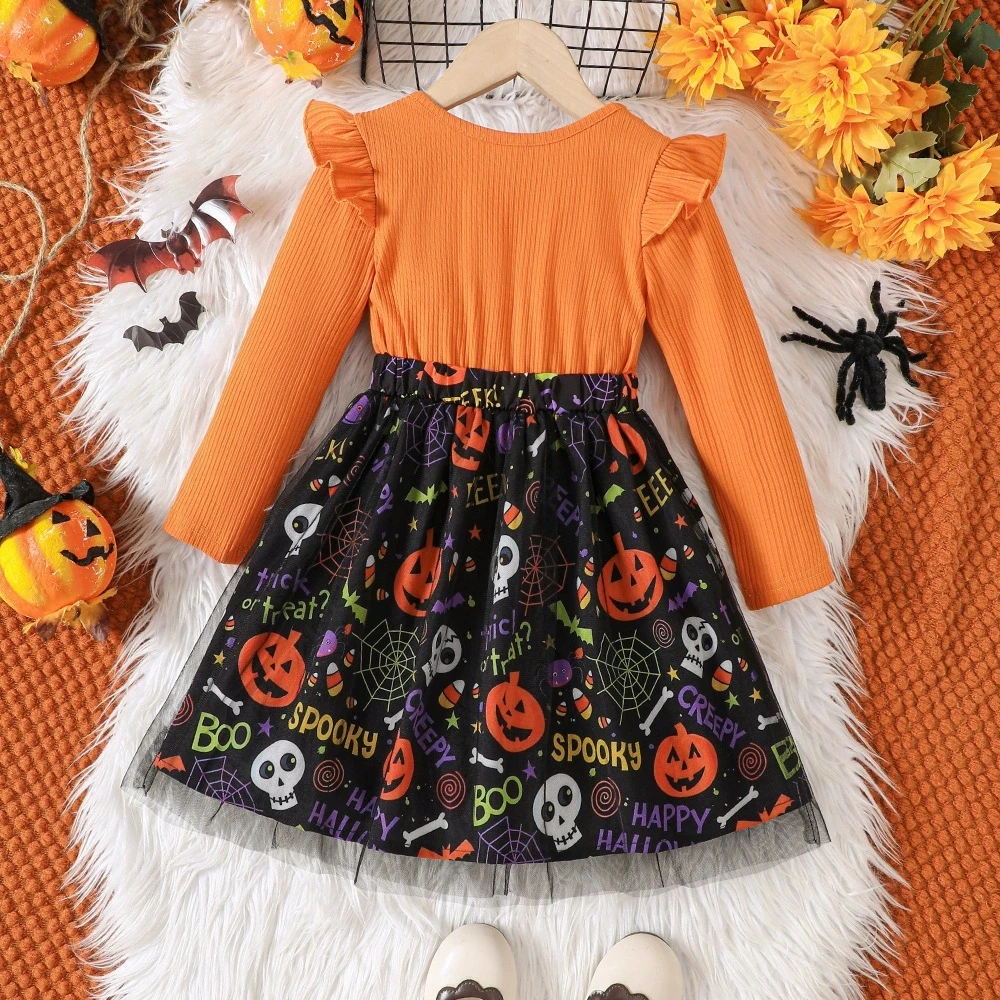 Abito da neonata Abito in rete di Halloween Manica lunga Gonna con stampa di cartoni animati per ragazze per feste autunnali/invernali Abbigliamento per bambini